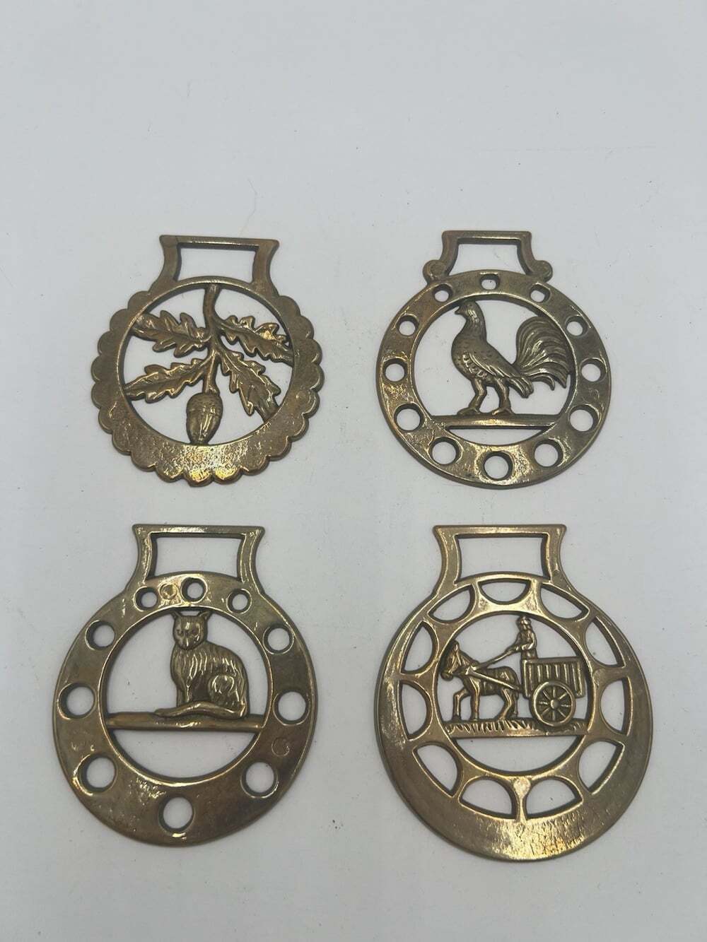 Vintage English Horse Brasses Lot 4 Rooster Cat Acorn Oak Leaves Horse Cart